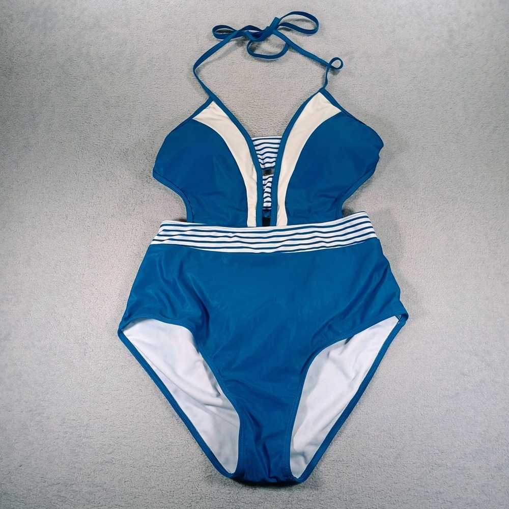 Unbranded Women Swimsuit Monokini Blue‎ White L Striped Cutout Halter